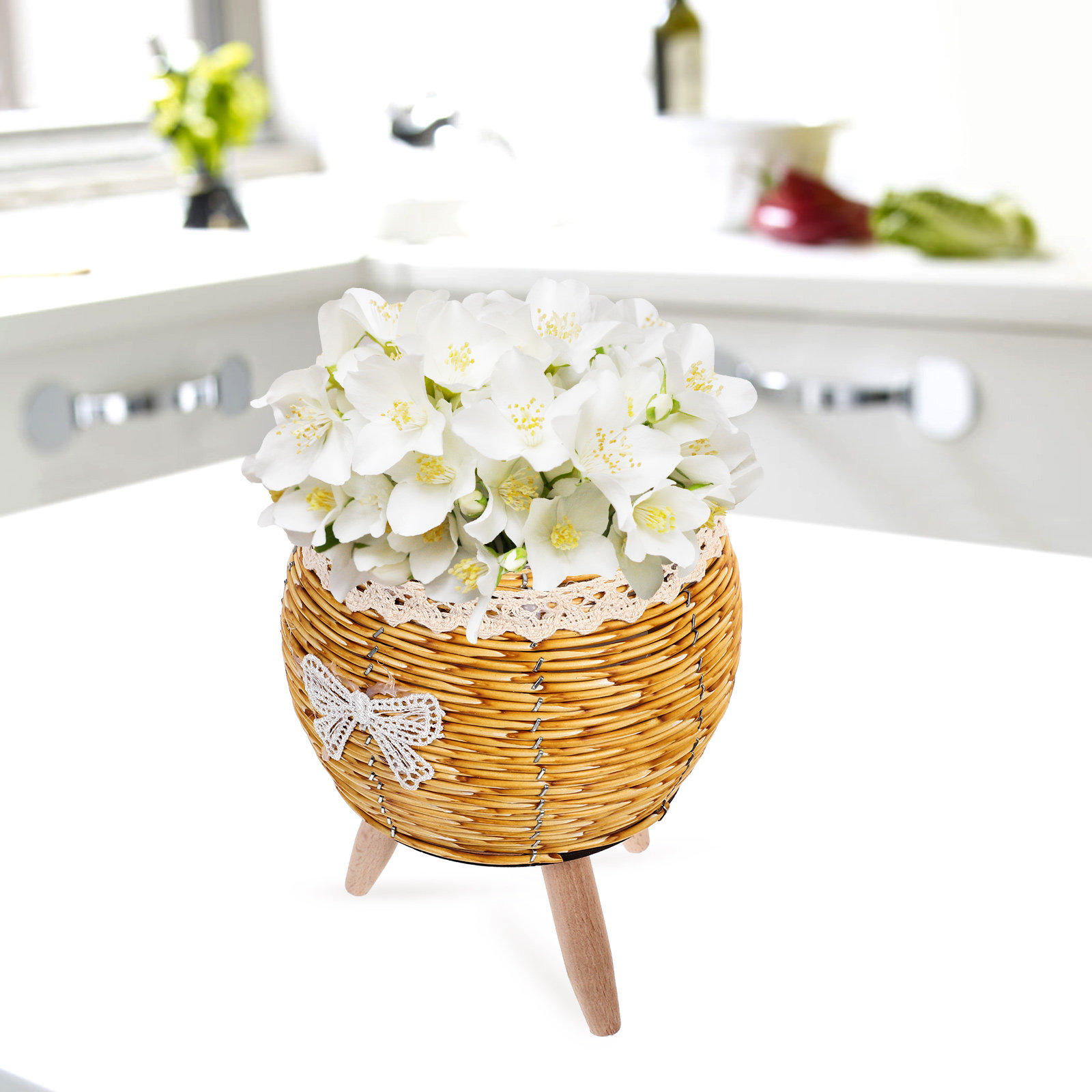 Bonsai Garden Stand - Wood and Straw Flower Pot Holder